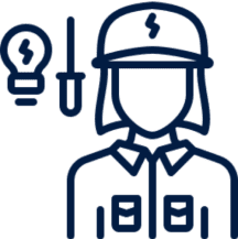 Electrician icon with tools and light bulb.