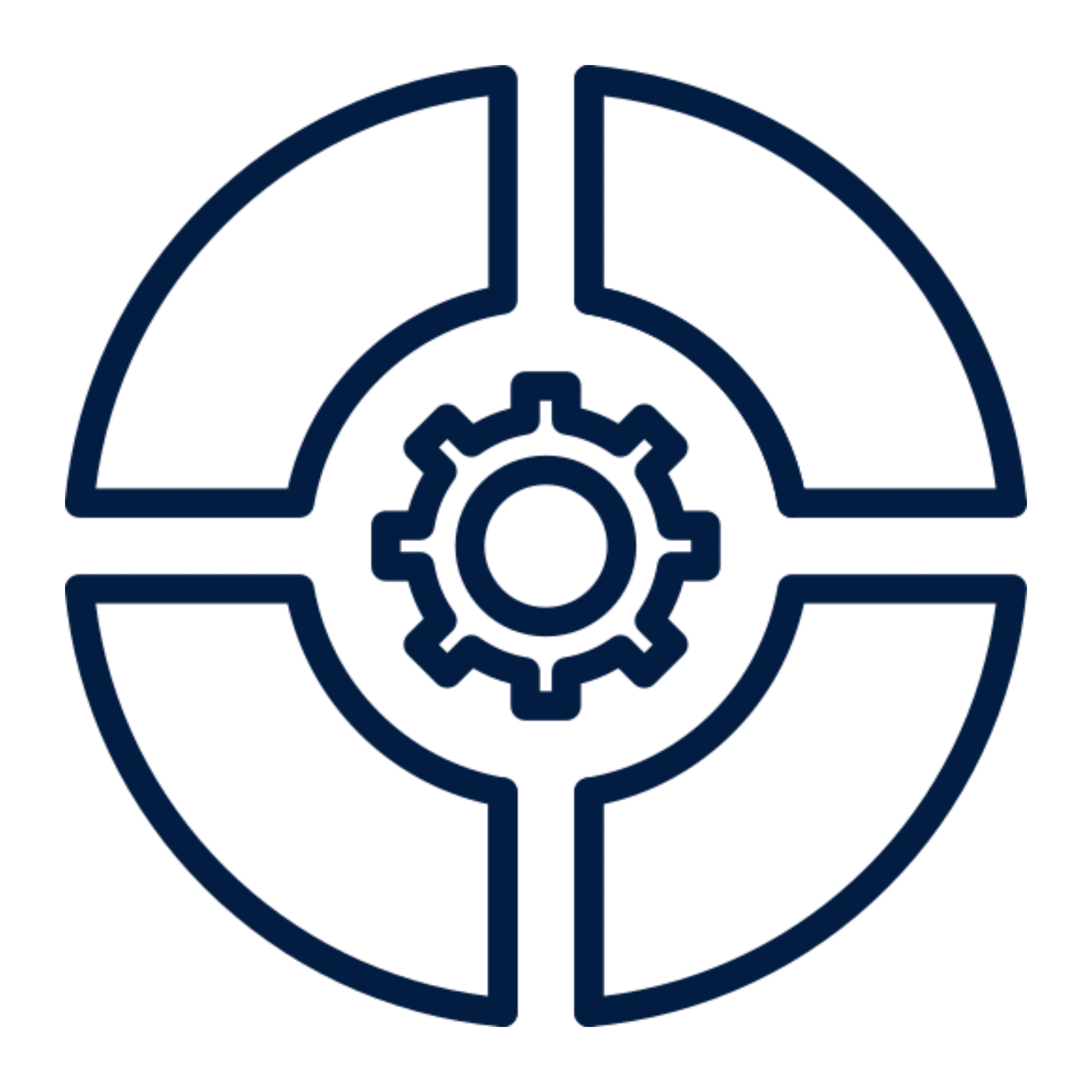 Dark blue logo with a circular design and intersecting lines.